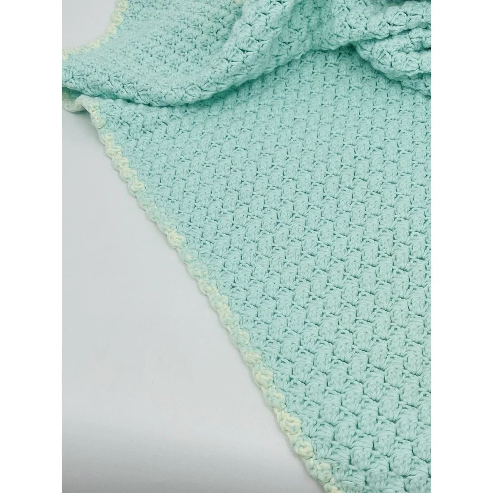 Vintage Hand Knit Crochet Hooded Baby Blanket Sea Green 25